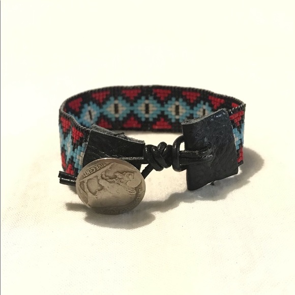 Sundance Inspired Loom Woven Bead Bracelet Genuine Buffalo Head Nickel & Leather - Picture 7 of 10